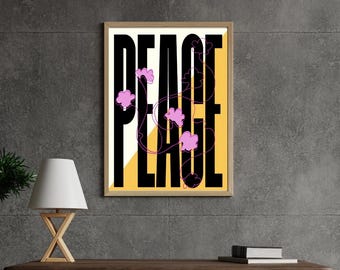 Poster Peace Pods 11 x 14 | Eigentijdse woondecoratie | Leuke kleurrijke muurkunst | Vakantiecadeau | Geelpaars crème | Typografie + illustratie