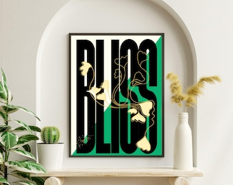 Bliss Pods-poster 11 x 14 | Eigentijdse woondecoratie | Leuke kleurrijke muurkunst | Vakantiecadeau | Groen Geel Crème | Typografie + illustratie