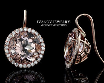 Rose Gold Morganite Earrings Round Cut Micro Pave U Diamond Setting Around The Center Stone Hook Style Earrings