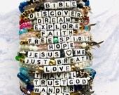 Tiny Beaded Word Awareness Bracelet, Stretch Word Awareness Bracelets Brave Dream Faith Hope Love WWJD Bible Discover Free Spirit