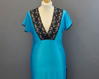 Vintage Aqua Blue Nightgown, 80s Side Split Chemise, Lace Lingerie Slip, Size Large
