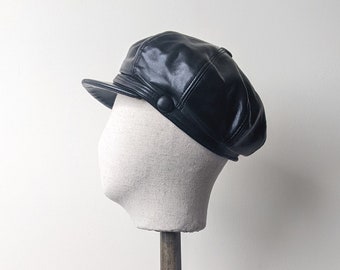 80s Black Leatherette Cap, PVC Baker Boy Hat, Size Small