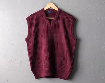 Mens 80s Wine Red Knit Tank Top by Nick Taylor, V Neck Wool Vest, Size Medium 44 Chest