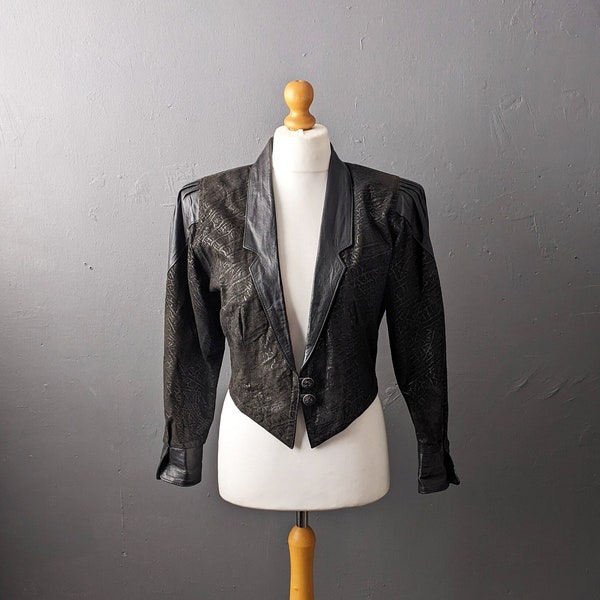 80s Embossed Suede Leather Jacket, Tuxedo Style Cropped Blazer, Size Medium