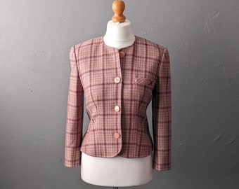 90er Check Wool Tweed Jacke, Fitted Dress Blazer, Größe Small Medium