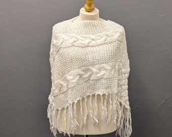 Vintage Cable Knit Poncho with Tassel Fringe, One Size