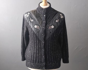 Cárdigan 80s Mohair Bordado con Piel, Ante y Serpiente, Talla Grande XL