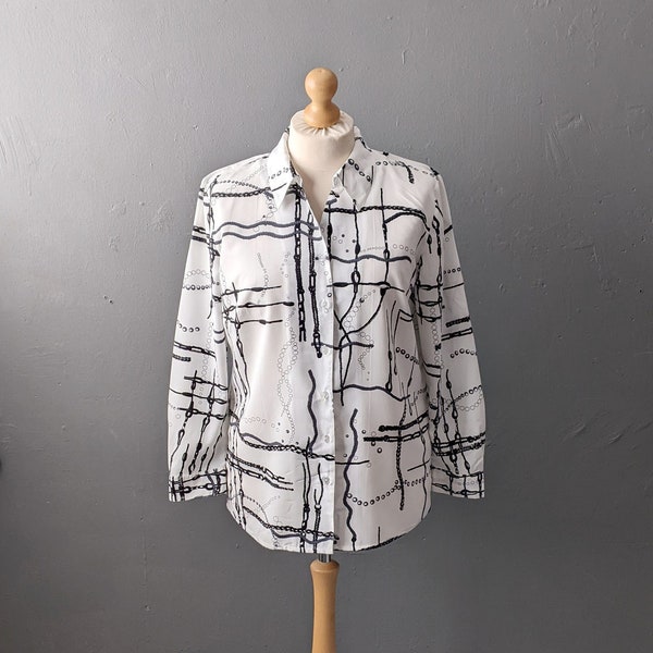 90s Abstract Chains Shirt, Monochrome Art Blouse, Size Large