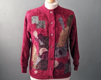 80s Maroon Velvety Cardigan, Multicoloured Chenille Coatigan, Size Medium