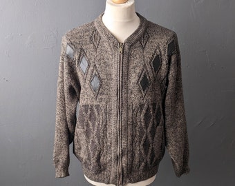 80s Mens Zip Front Cardigan with Diamond Leatherette Patches, Grandpa Knitwear, Size Large 46 Chest