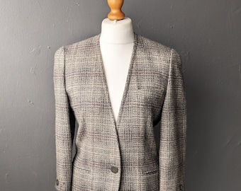 90s Wool Tweed Blazer, Collarless Check Jacket, Size Medium