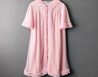 60s Pale Pink Peignoir with Ruffles by St Michael, Size Medium