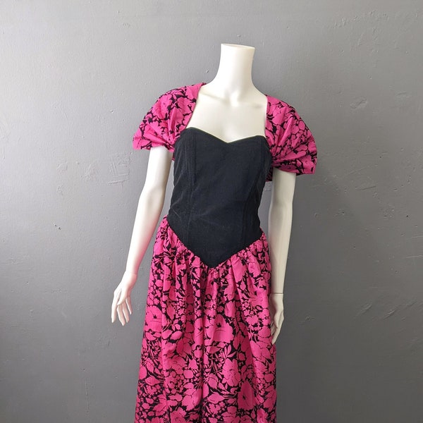Fuschia 80s Velvet Taffeta Prom Dress by Freds, Eighties Party Outfit, Size Small
