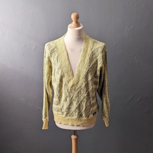 80s Carlo Colucci Jumper, Lemon Yellow Cotton V Neck Pullover, 48 Chest