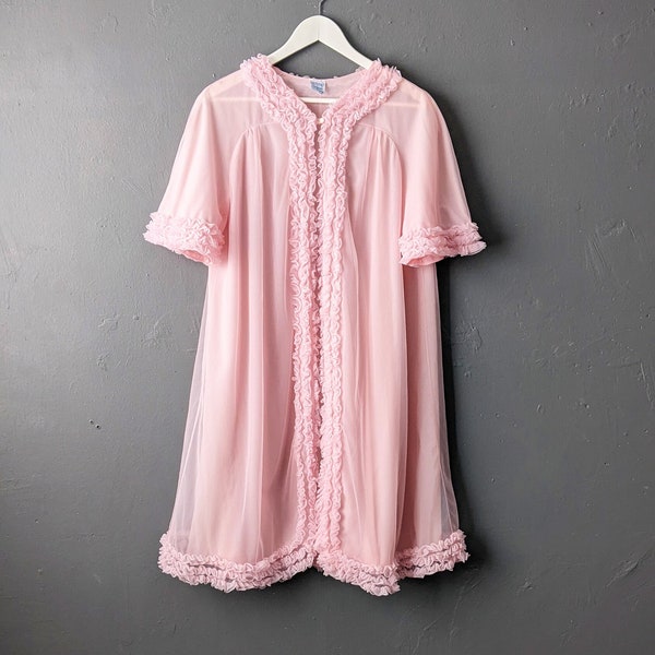 60s Pale Pink Peignoir with Ruffles by St Michael, Size Medium