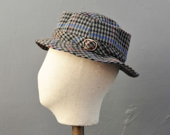 80s Wool Tweed Porkpie Hat, Topman Check Walking Headwear, Mens Size Small 55