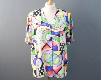 80s Cubist Shirt, Modernist Art Plus Size Blouse, Multicoloured Short Sleeve