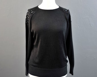80s Cotton Sweater with Shoulder Bling, Gothic Kitsch Embellished Jumper, Size Large