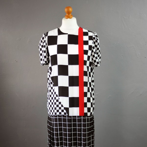 Vestido a cuadros del Grand Prix de los 80 con cintura plisada, cuadros de carreras, talla mediana