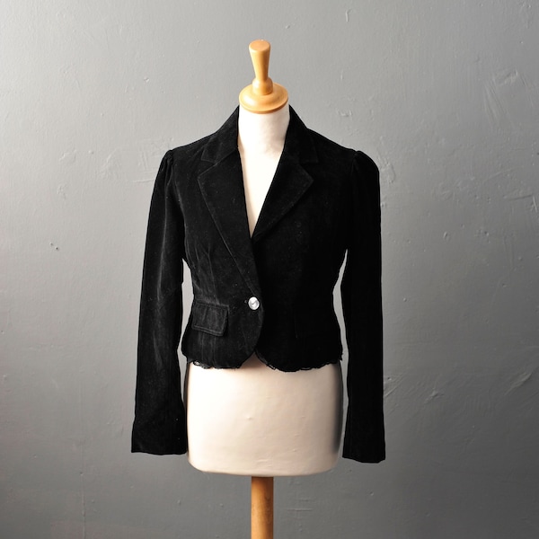 Cropped Black Velvet Jacket, Vintage 90s Fitted Goth Blazer, Size Small