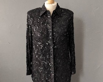 90s Frank Usher Beaded Sequin Lace Shirt, Size Large