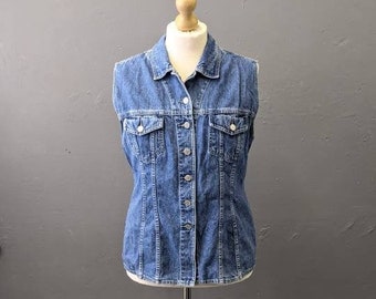 Chaleco vaquero vintage, chaleco camión de los 90, chaqueta jean sin mangas, talla PLUS XL