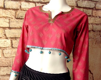 Pink Indian Crop Top with Beaded Trim, Festival Bellydance, Upcycled Ethnic Clothing, Size Small