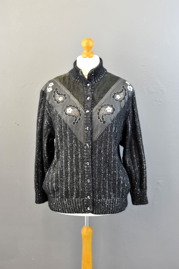 80s Embroidered Mohair Cardigan with Leather, Sued