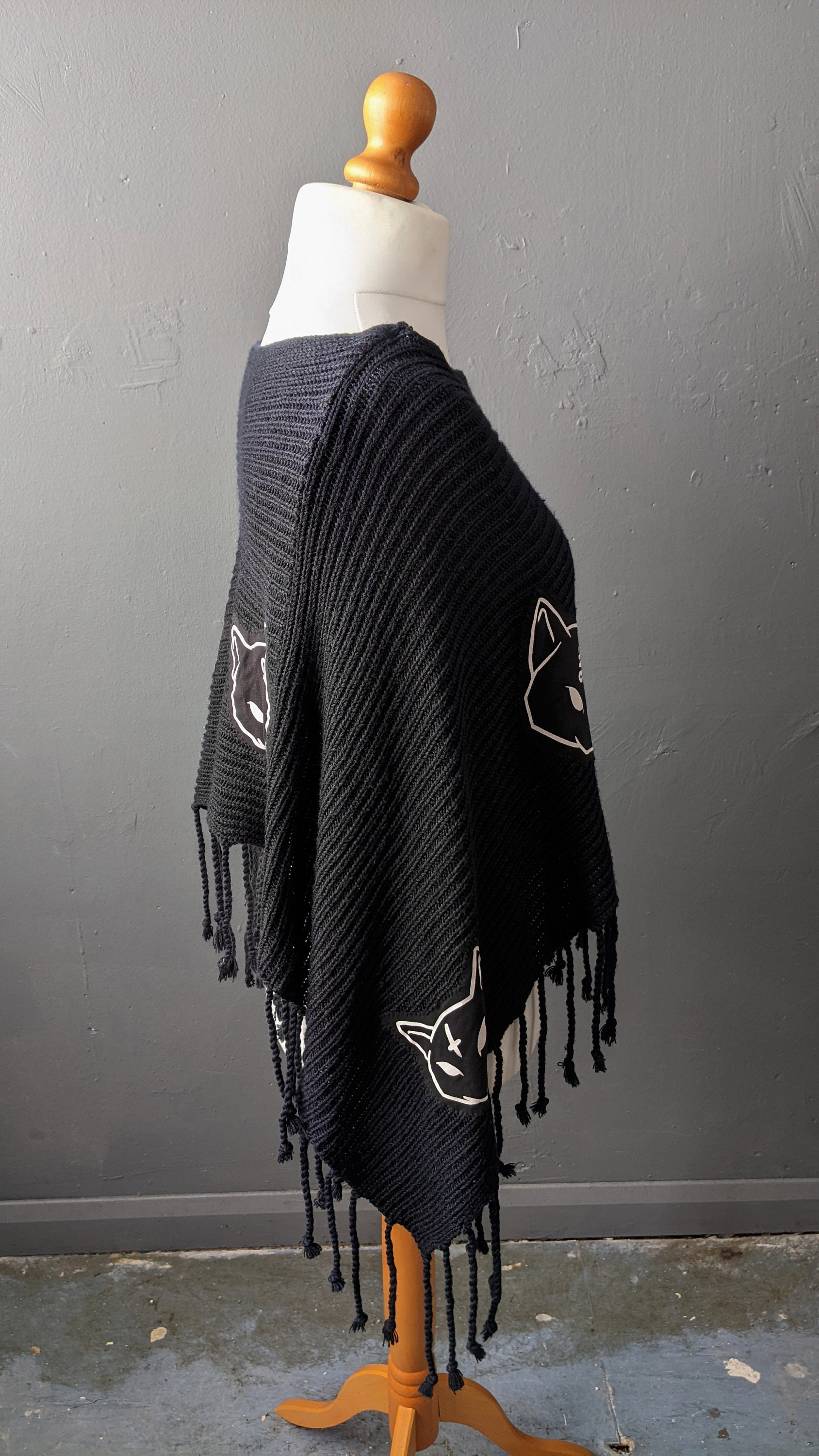 Black Cat Knit Poncho, Nu Goth Cape, Upcycled Occult Clothing - Etsy