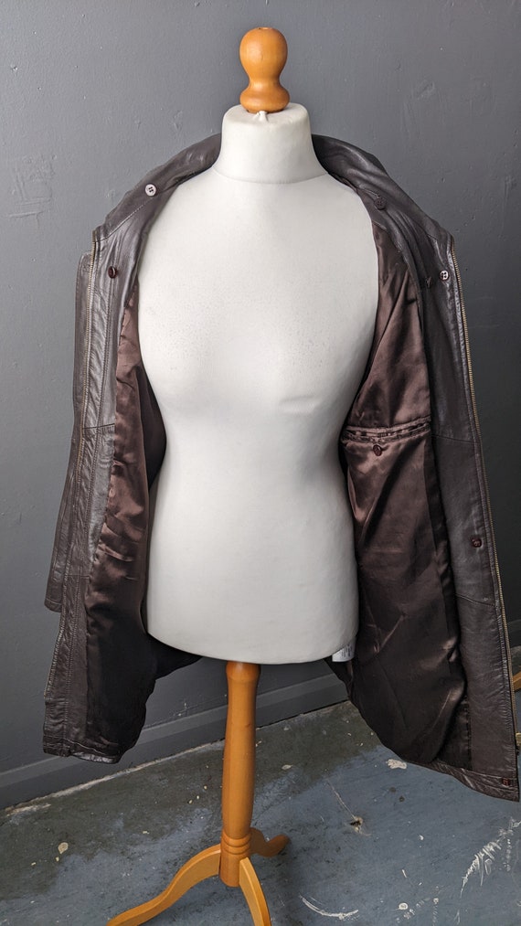 90s Oversized Leather Parka, Dark Brown Hip Long … - image 6