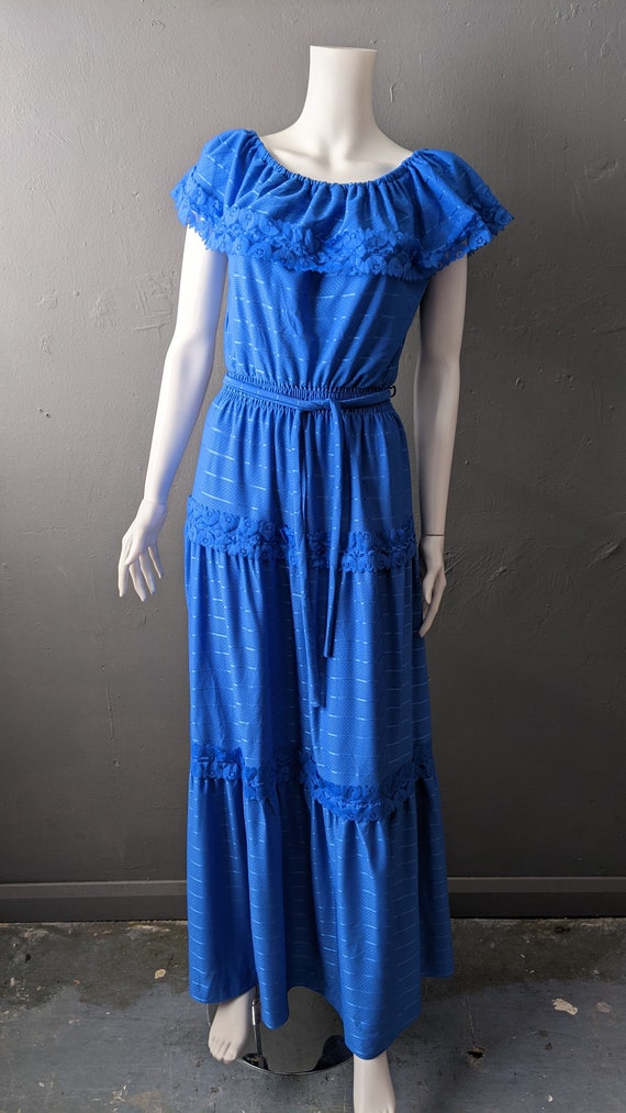 80s Cobalt Blue Maxi Dress by C A Tiered Prairie Boho Size