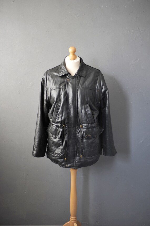 90s PVC Leatherette Parka, Vegan Leather Hip Long Coat, Size Large