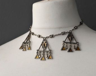 70s French DLH Depose Triangle Enamel Necklace, Modernist Brutalist Choker