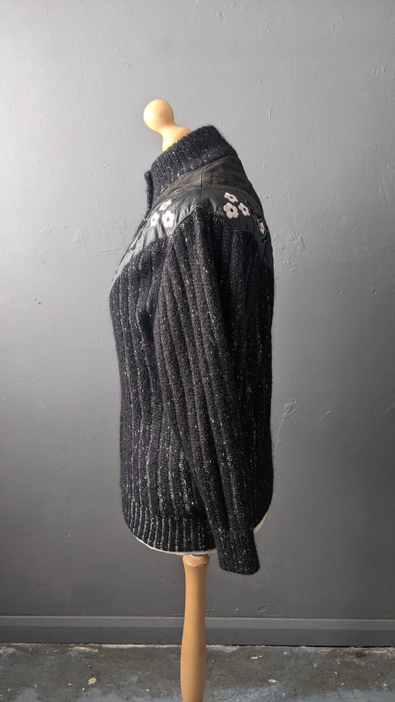 80s Embroidered Mohair Cardigan with Leather, Sue… - image 3