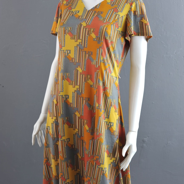 70s Psychedelic Houndstooth Dress, Abstract Eastex Day Dress, Size Medium