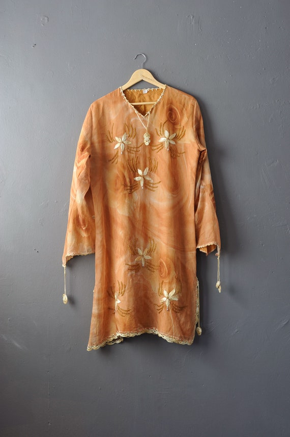 80s Chiffon Rose Caftan Dress, Long Beaded Tunic, 