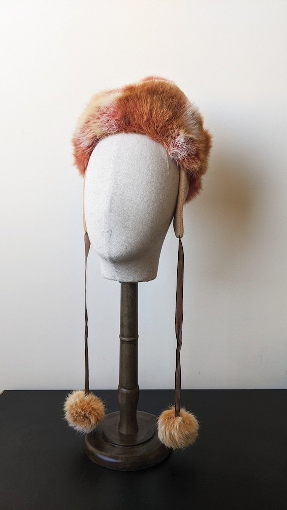 90s Russian Fur Hat With Ear Flaps and Pom Poms, Size Petite 