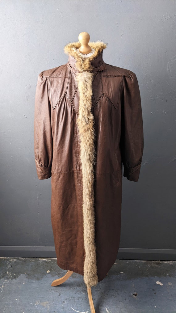 80s Fox Fur Leather Coat, Vintage Swing Jacket, Plus Size XL XXL