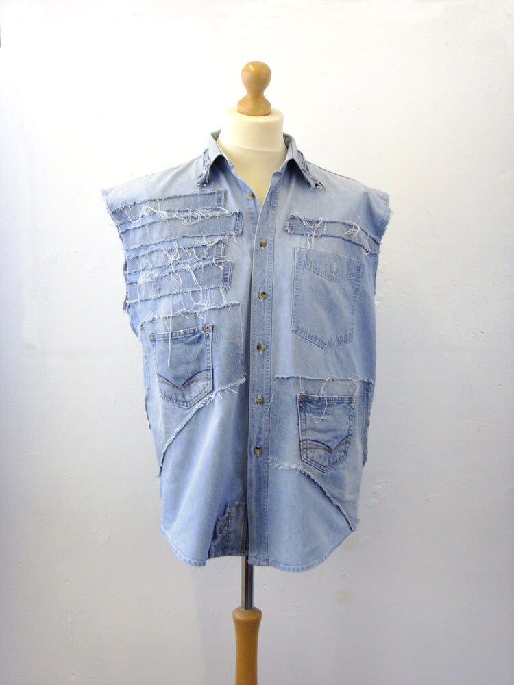 Image of Upcycled Sleeveless Denim Shirt Vest, Frayed Distressed Size Large 42 Chest