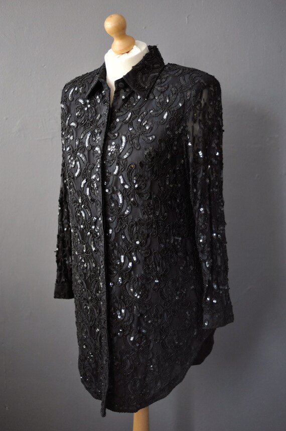 90s Frank Usher Beaded Sequin Lace Shirt, Size La… - image 3