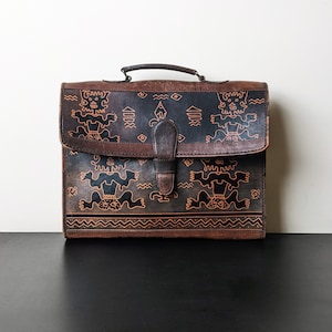 Cartera de cuero pintado de los años 60 con figuras mayas, bolsa de recuerdo para turistas mexicanos