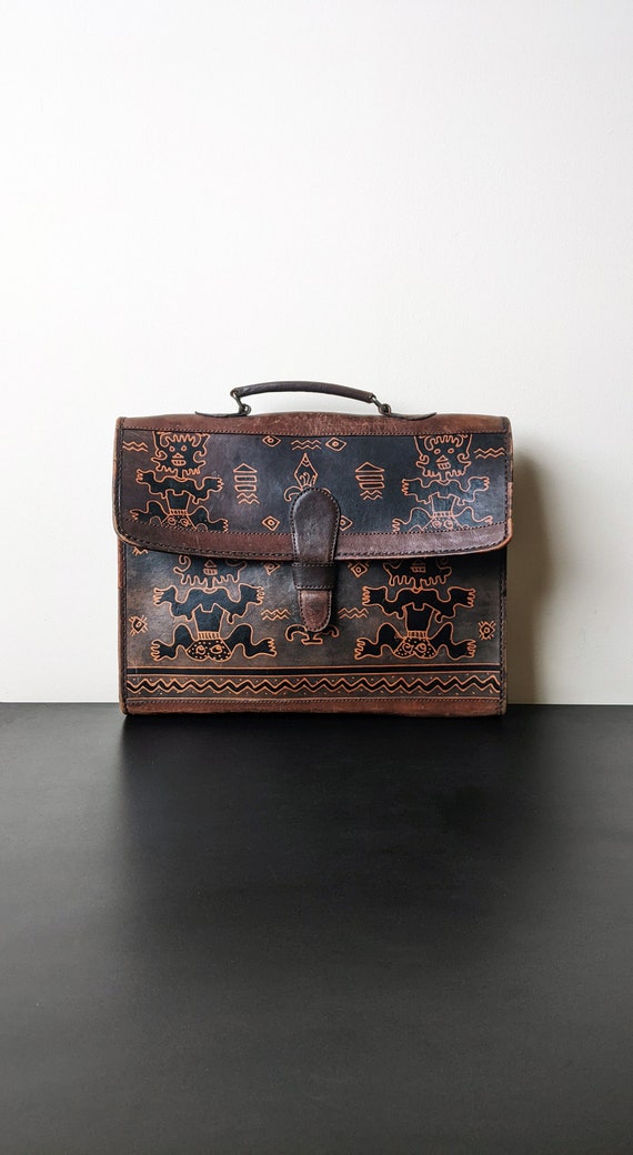 60s Painted Leather Satchel with Mayan Figures, Me