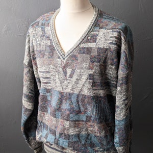 Mens 80s V Neck Jumper by Coletti Studio, Wool Blend Knit Pullover, 54 Chest