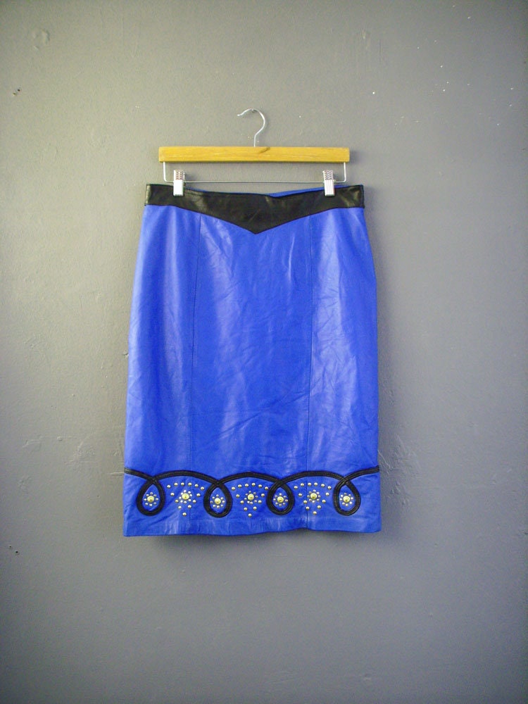 Image of Cobalt Blue Studded Leather Skirt, S New Wave, Size Medium