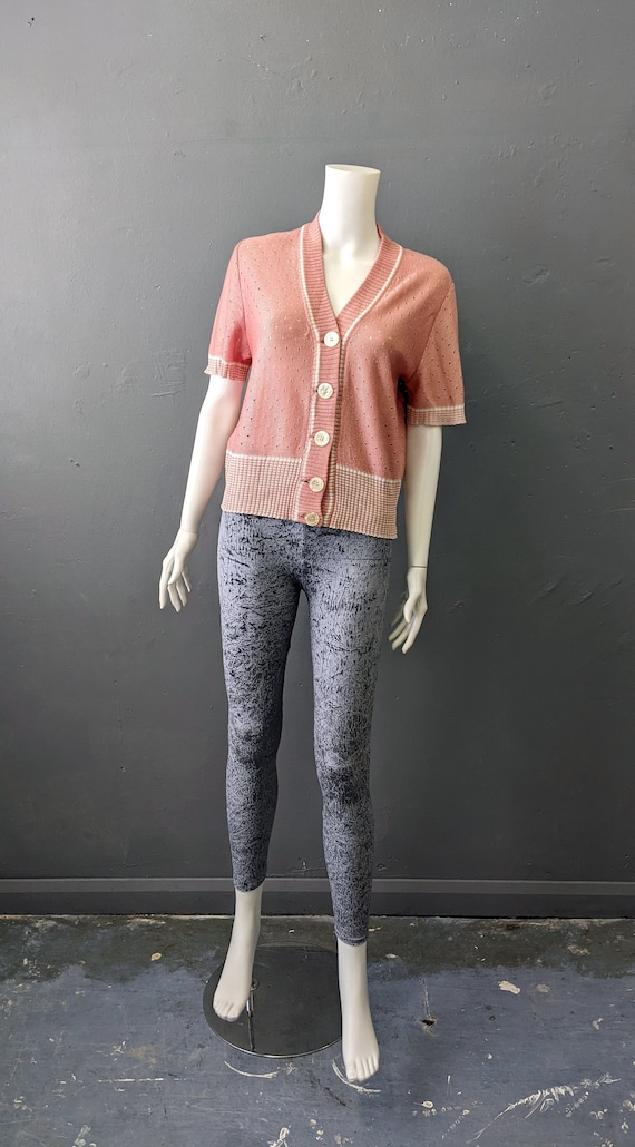 80s Salmon Pink Stripe Cardigan, Vintage Summer Kn