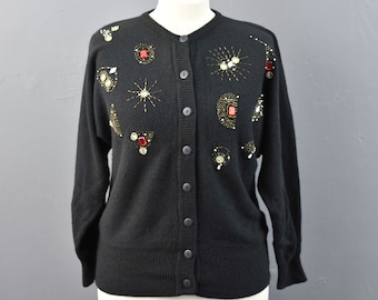 80s Beaded Angora Wool Cardigan, Vintage Kitsch Party Knitwear, Size Medium Large