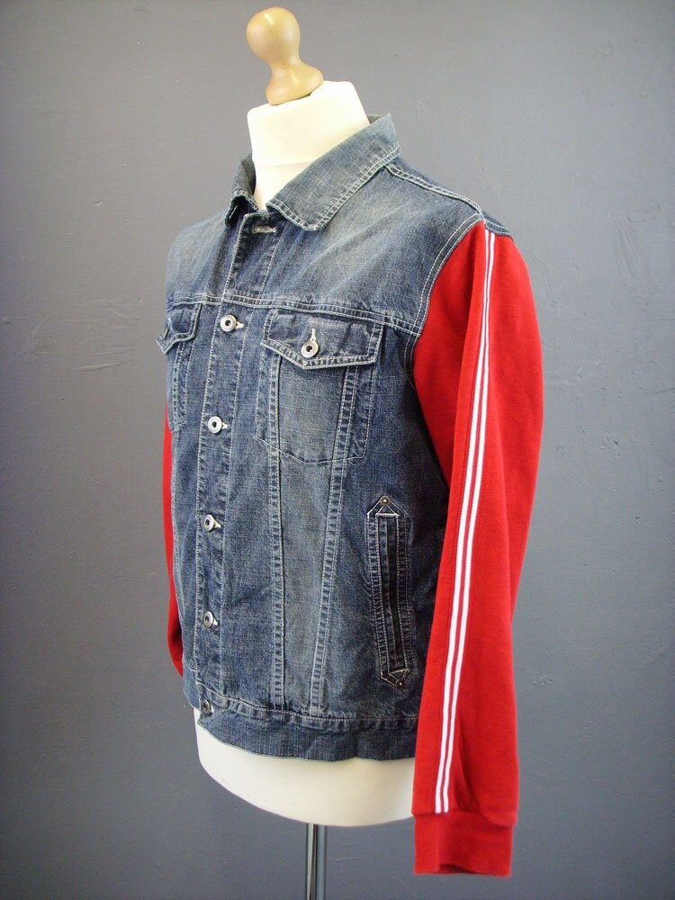 Image of Mens 90S Denim Jacket With Retro Tracksuit Sleeves, Medium 42 Chest