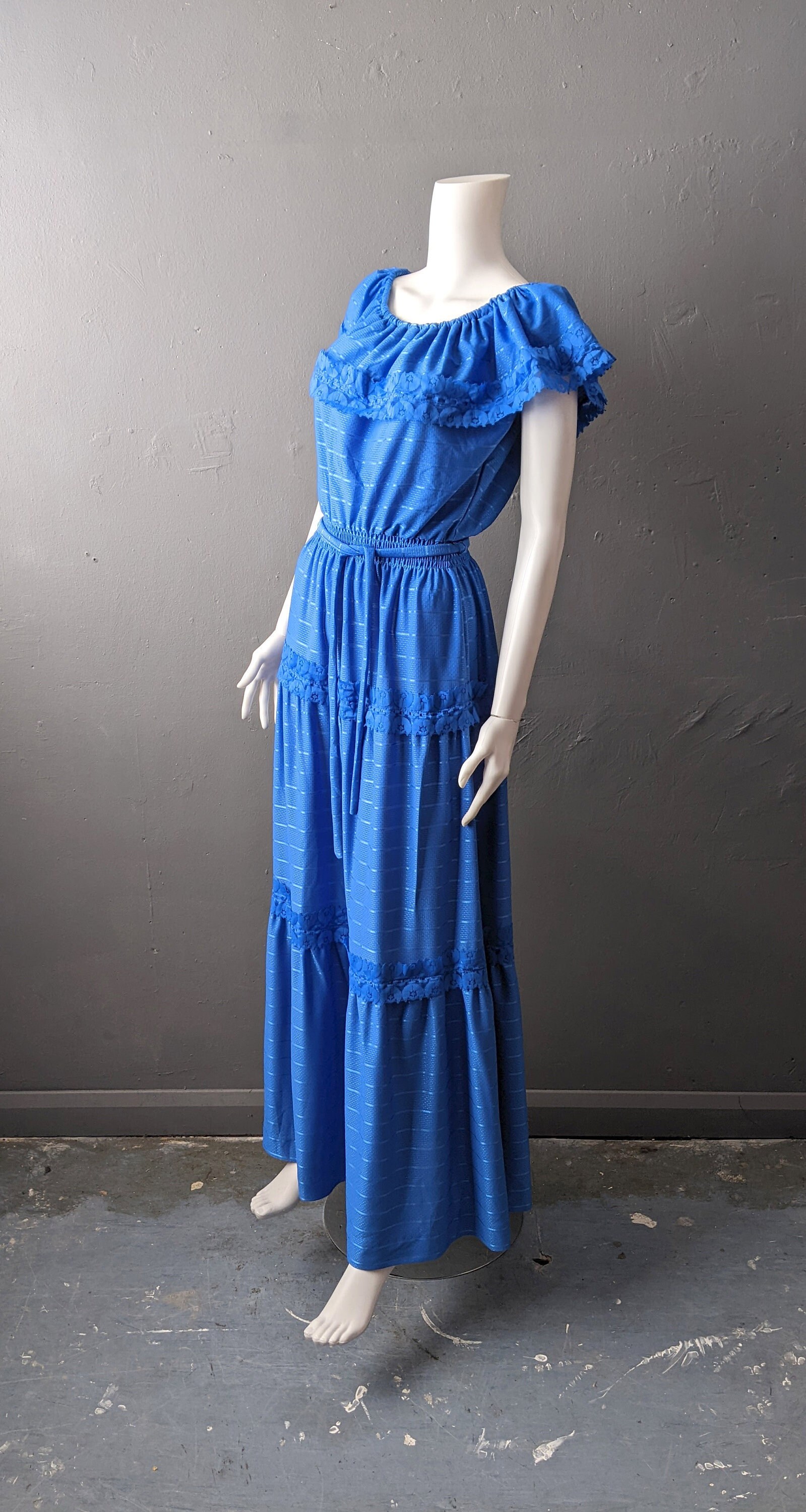 Robe Maxi Bleu Cobalt des annees 80 par C A Tiered Prairie Boho Taille Moyenne Etsy France