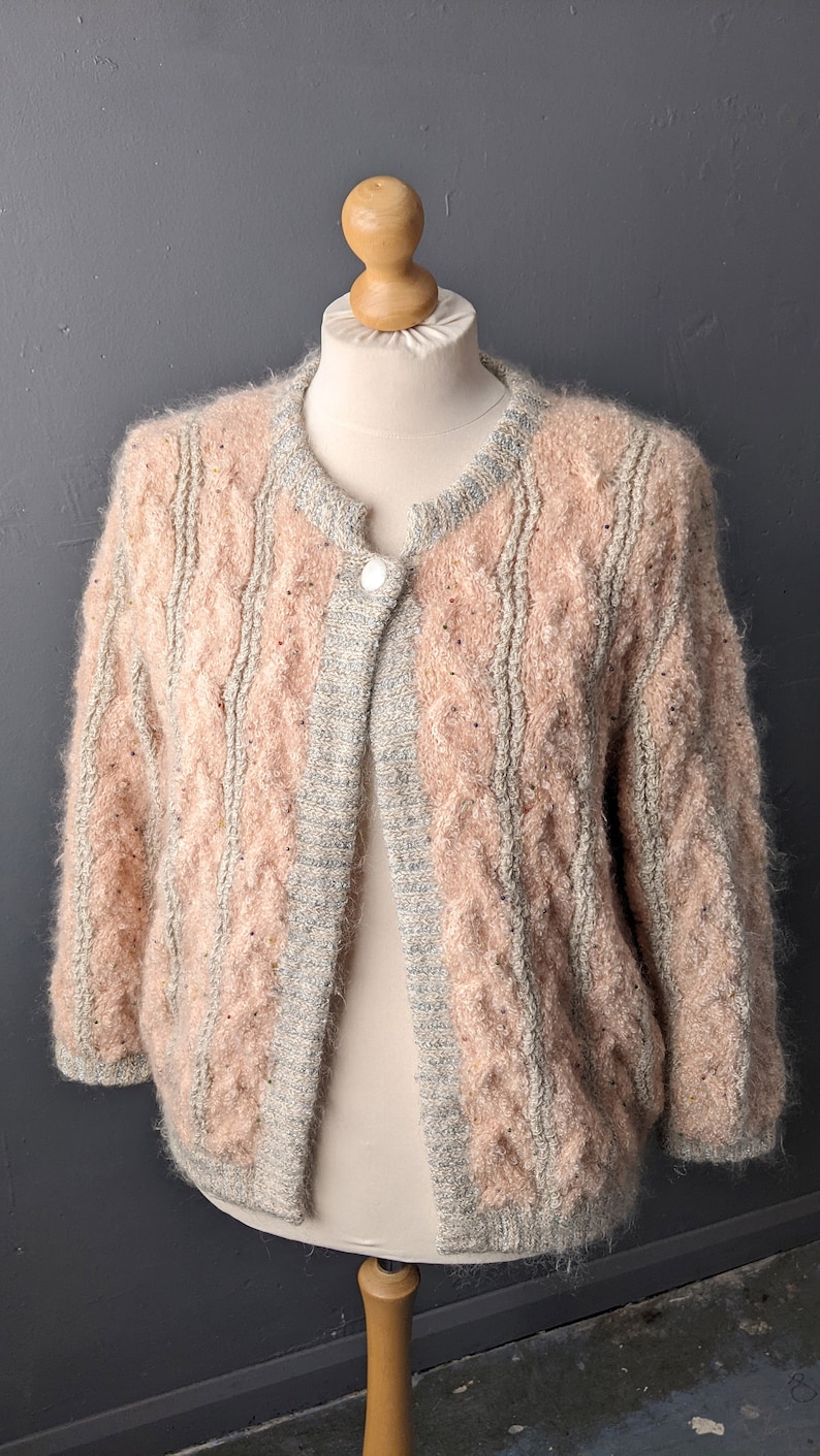 90s Fluffy Wool Cable Knit Cardigan Chunky Peach Pink Beaded - Etsy UK