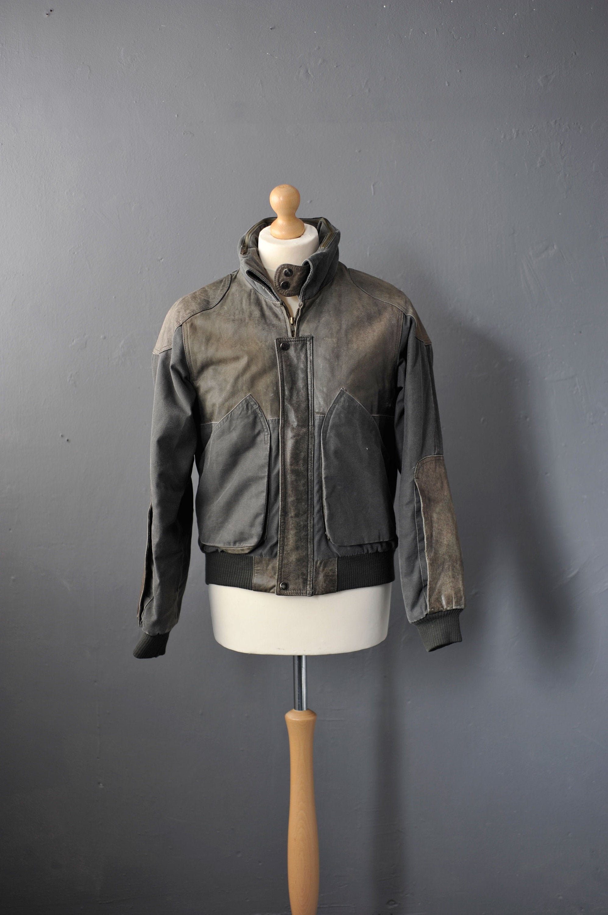 Image of Vintage Canvas Leather Bomber Jacket, 90S Distressed Winter Coat, Size Small